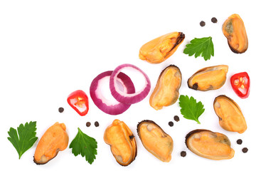 mussels with parsley and peppercorns isolated on white background with copy space for your text. Top view. Flat lay