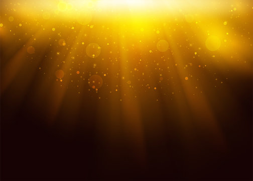 Vector Stage Neon Light Effect. Gold Glowing Light Rays with Flare, Shine, Glare, Shimmer. Disco Scene. Transparent Design Element.