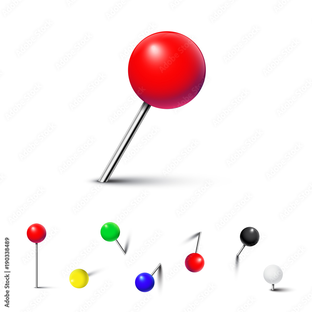 Poster different color pushpins isolated on white background. vector realistic design element.