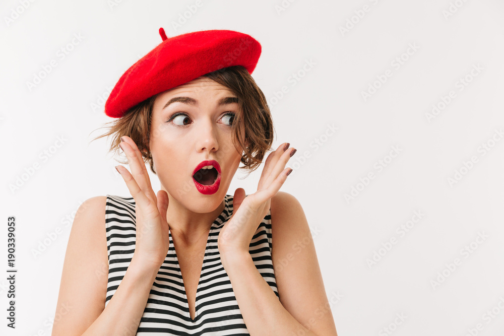 Sticker portrait of a shocked woman dressed in red beret