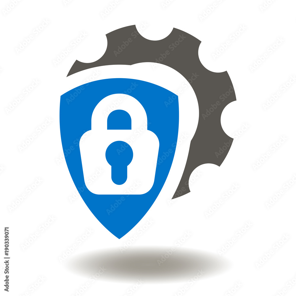 Poster shield lock gear icon vector. protect, secure, safe automation system web information illustration. 