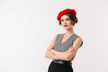 Portrait of a smiling woman dressed in red beret - obrazy, fototapety, plakaty