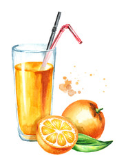 Glass with orange juice. Watercolor hand drawn illustration, isolated on white background