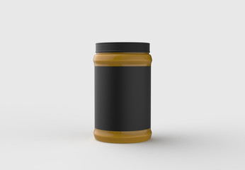 Mustard jar mock up with black label isolated on soft gray background. 3D illustrating.