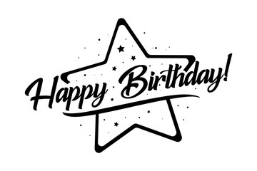 Happy Birthday card. Beautiful greeting banner banner lettering calligraphy inscription. Holiday phrase black text word stars. Hand drawn design, handwritten modern brush background isolated.
