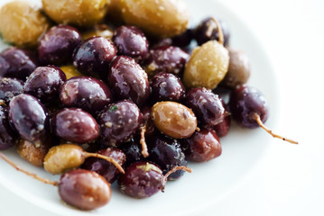 black and green marinated olives