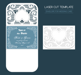 Envelope for wedding invitation or greeting card. Template for laser cutting. Vector illustration