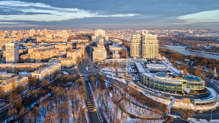 Orange sunset and cloud over cityscape Kiev, Ukraine, Europe