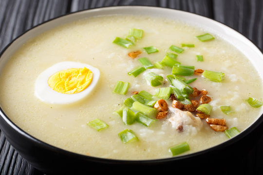 Arroz Caldo soup with rice, chicken and egg close-up in a bowl. horizontal