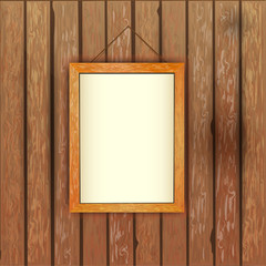 old wooden wall with a picture in the frame with a white background