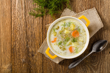 Traditional cucumber soup with pickled cucumbers.