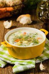Traditional cucumber soup with pickled cucumbers.