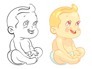 Cartoon baby coloring page with colorfull sample