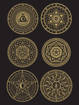 Golden occult, mystic, spiritual, esoteric vector symbols