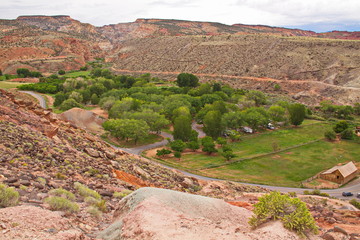 View of Fruita Area Campground from Cohab Canyon Trail in Capitol Reef NP in Utah in the USA
