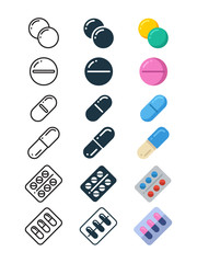 Line and silhouette icons of illegal drug tablets
