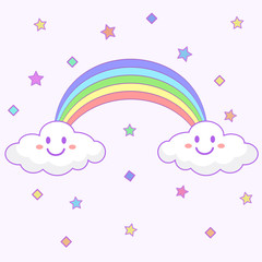 kawaii clouds and rainbow icon over white background. colorful design. vector illustration
