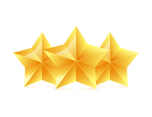 Three 3D gold stars on white background. Victory award. Vector illustration