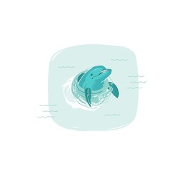 Hand drawn vector abstract cartoon summer time fun illustration with swimming dolphin in blue ocean waves isolated on white background