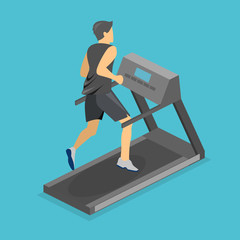 Isometric flat 3D isolated man is running on the treadmill