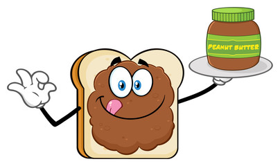 Bread Slice Cartoon Mascot Character With Peanut Butter Holding A Jar Of Peanut Butter. Illustration Isolated On White Background