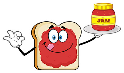 White Sliced Bread Cartoon Mascot Character With Jam Holding A Jar Of Jam. Illustration Isolated On White Background