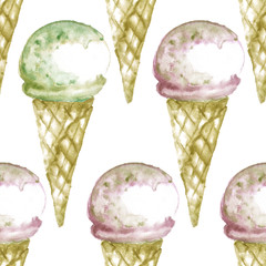 Seamless ice-cream pattern. Watercolor hand drawn summer print in unusual colors with ice lolly