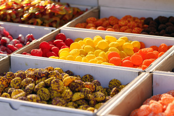 Candies. Variety of candy on a market. Various of colorful sugar candies . Selective focus. 