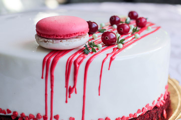 Tasty white homemade cake decorated by red berries and macaron