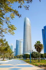 Abu Dhabi promenade with landmark view of modern buildings