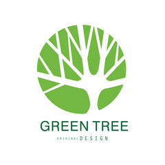 Green tree logo original design, eco and bio badge, abstract organic design element vector illustration