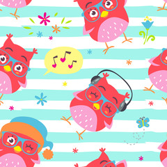 vector cartoon style striped owl punchy pastel seamless pattern