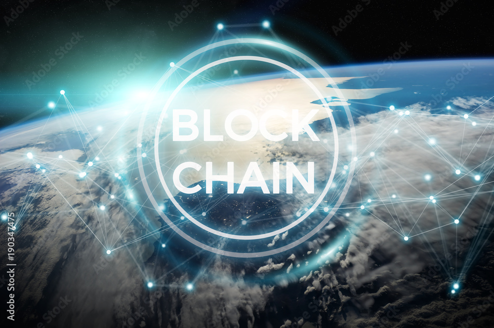 Poster blockchain on planet earth 3d rendering