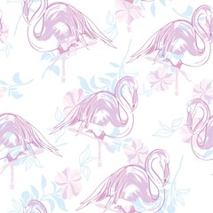 Fototapeta na wymiar Beautiful seamless vector tropical pattern background with flamingo and hibiscus. Abstract texture, stripes. Perfect for wallpapers, web page backgrounds, surface textures, textile.