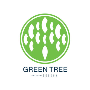 Green tree logo original design, green eco and bio circle badge, abstract organic element vector illustration