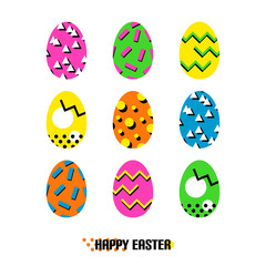 Super bright Easter eggs vector collection with different geometric patterns in memphis style.