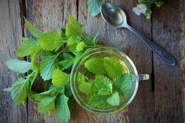 Lemon balm hot herbs tea with fresh leaves on wooden background
