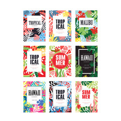 Summer banners set, tropical vacation and holidays poster with exotic flowers and fruits vector Illustrations