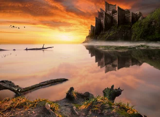 Acrylic prints Establishment work Fantasy fairytale castle on the sea cliff.