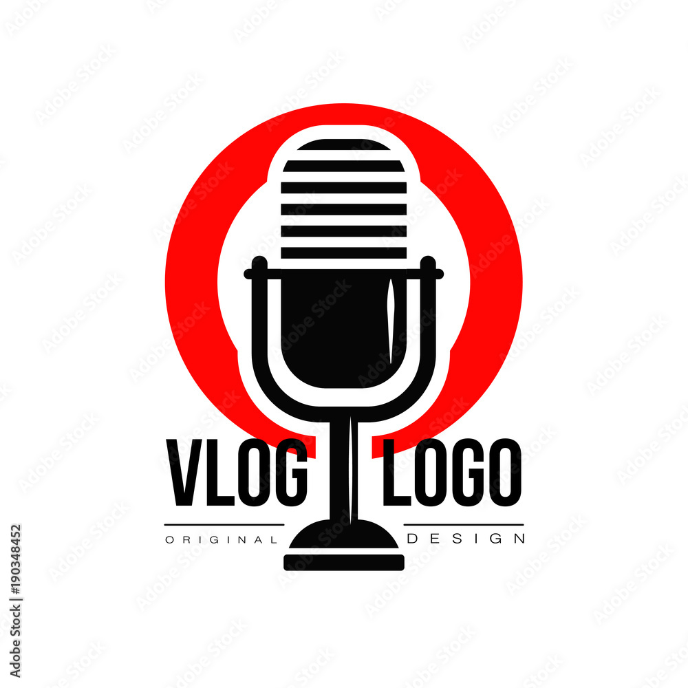 Poster interesting logo with retro microphone and red circle on background. vlog or video blogging concept.