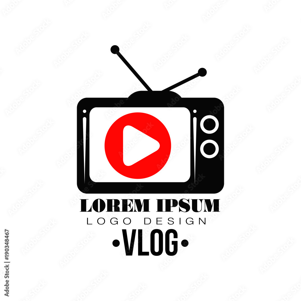 Poster original vector label with red play button on retro tv screen. logo for your youtube channel. concep