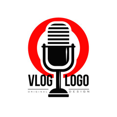 Interesting logo with retro microphone and red circle on background. Vlog or video blogging concept. Live stream badge. Simple flat vector icon with place for text