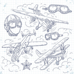 Vector retro biplane, set icons old aircraft on a background of clouds, pilot helmet and glasses © tasha_d