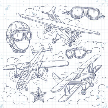 Vector retro biplane, set icons old aircraft on a background of clouds, pilot helmet and glasses