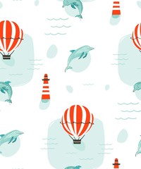 Hand drawn vector abstract cute summer time cartoon illustrations seamless pattern with hot air balloons,lighthouse and dolphins in blue ocean water background