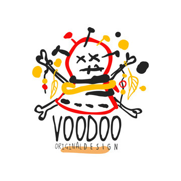 Creative colorful logo template with abstract head with needles for Voodoo magic shop. Spiritual or vodun magic concept. Hand drawn flat vector illustration