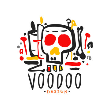 Original hand drawn Voodoo magic logo design template with mystic skull. Traditional religion and mystical culture. Colorful vector illustration