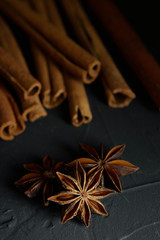  shelves of cinnamon in dark colors on a dark concrete stone background