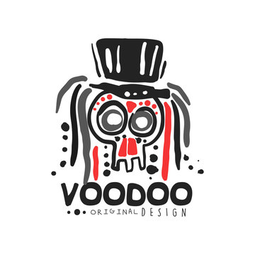 Original Voodoo magic logo template design with abstract skull with hair wearing hat. Religion and culture. Hand drawn mystical vector illustration
