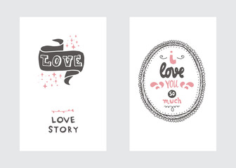 Vector set of post cards, invitations with hand drawn lettering, flowers and decorative elements. Boho and vintage style